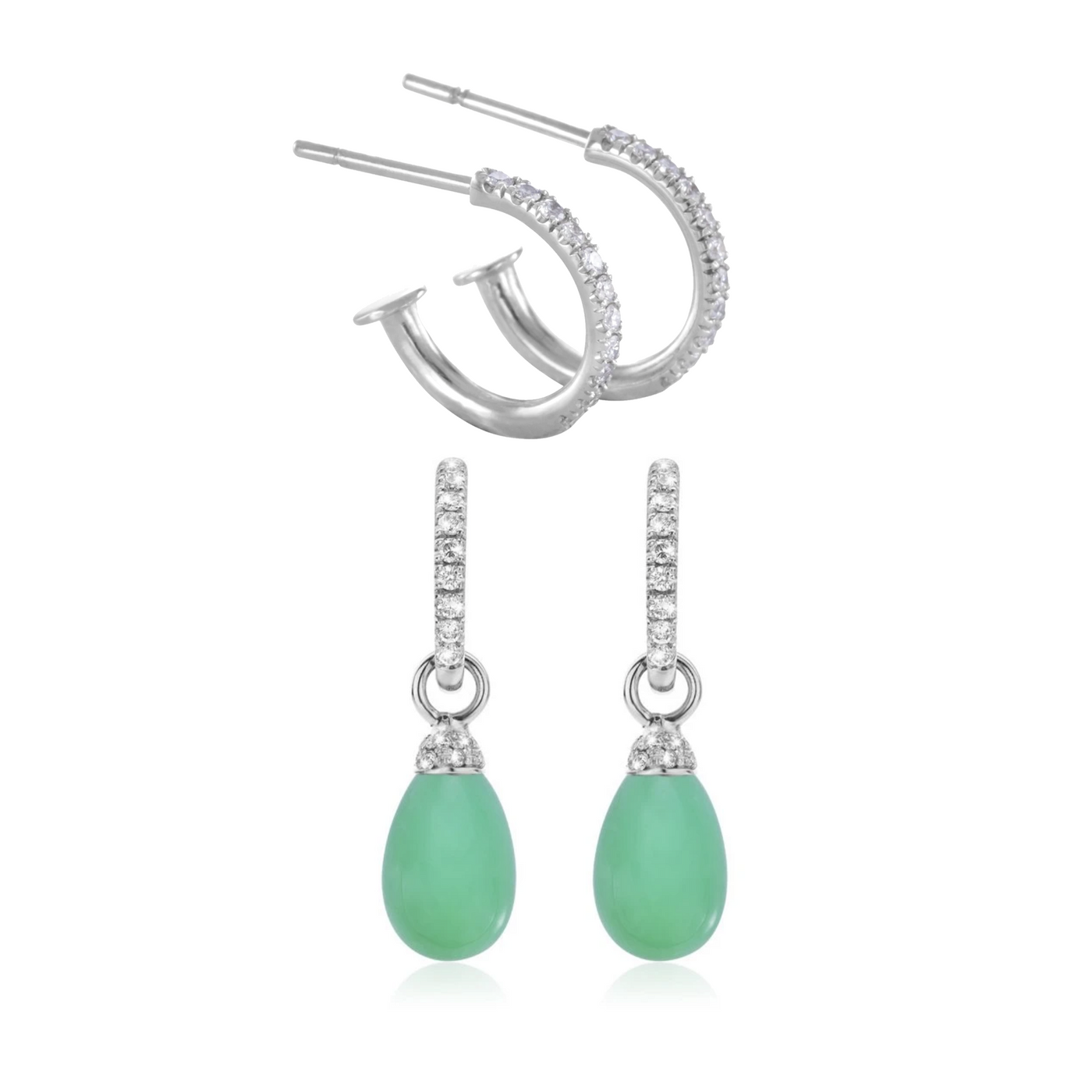 White gold, diamond and chrysoprase creoles.