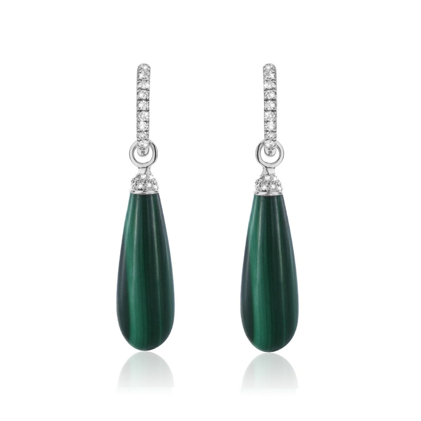 White gold, diamonds and malachite creoles.